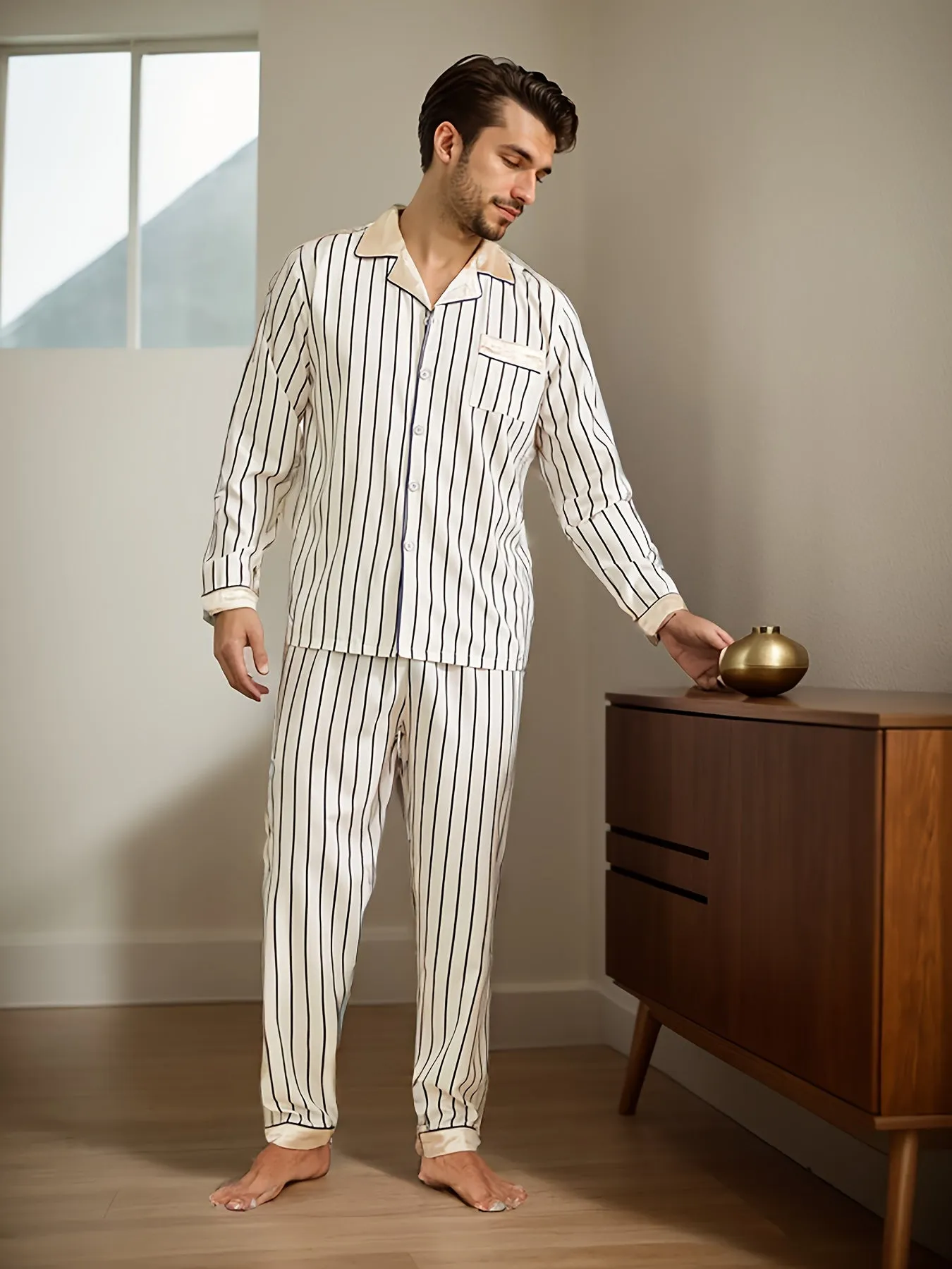 2 Pcs Men's Silky Trendy Stripe Open Front Long Sleeve & Trousers Pajama Sets, Comfortable & Skin-friendly Style Pajamas For Men's Cozy Loungewear