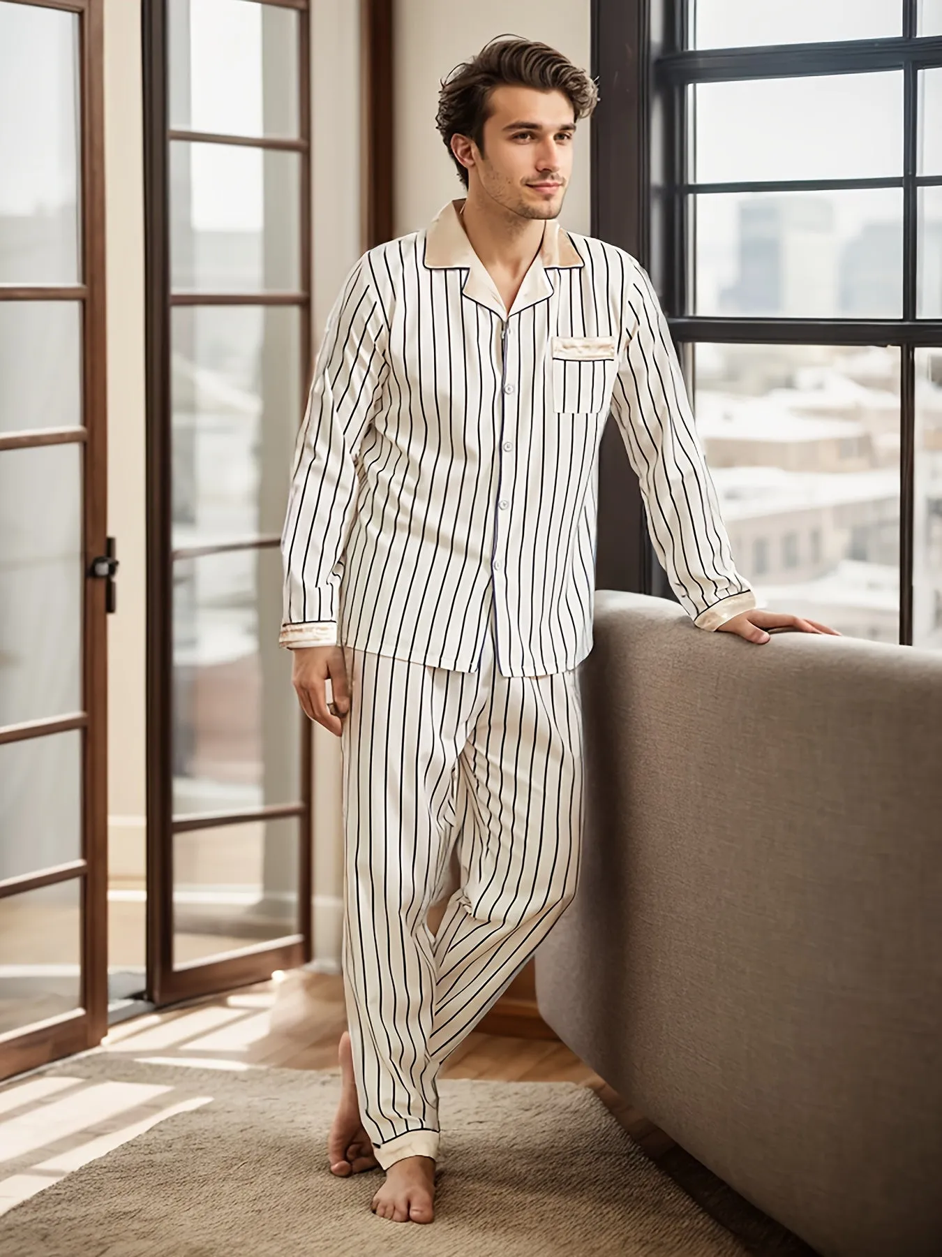 2 Pcs Men's Silky Trendy Stripe Open Front Long Sleeve & Trousers Pajama Sets, Comfortable & Skin-friendly Style Pajamas For Men's Cozy Loungewear