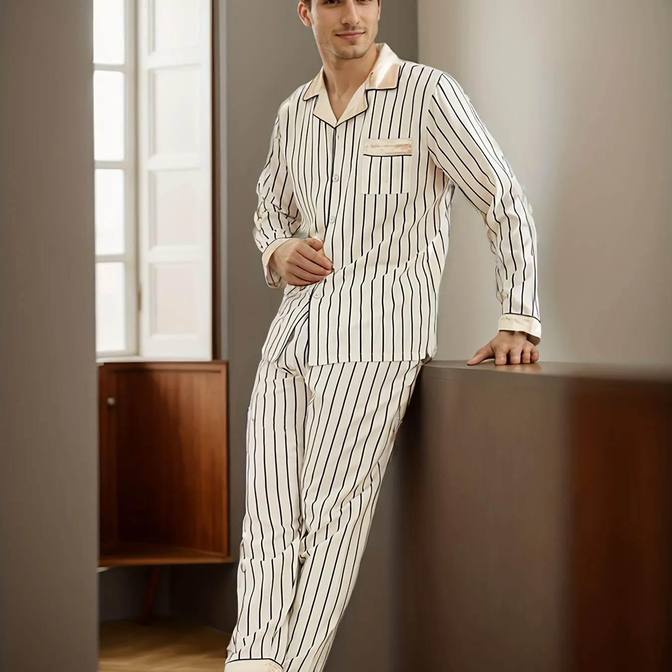 2 Pcs Men's Silky Trendy Stripe Open Front Long Sleeve & Trousers Pajama Sets, Comfortable & Skin-friendly Style Pajamas For Men's Cozy Loungewear