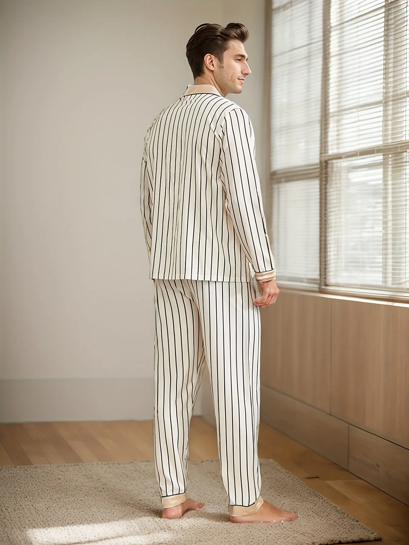 2 Pcs Men's Silky Trendy Stripe Open Front Long Sleeve & Trousers Pajama Sets, Comfortable & Skin-friendly Style Pajamas For Men's Cozy Loungewear