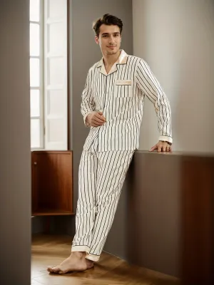 2 Pcs Men's Silky Trendy Stripe Open Front Long Sleeve & Trousers Pajama Sets, Comfortable & Skin-friendly Style Pajamas For Men's Cozy Loungewear