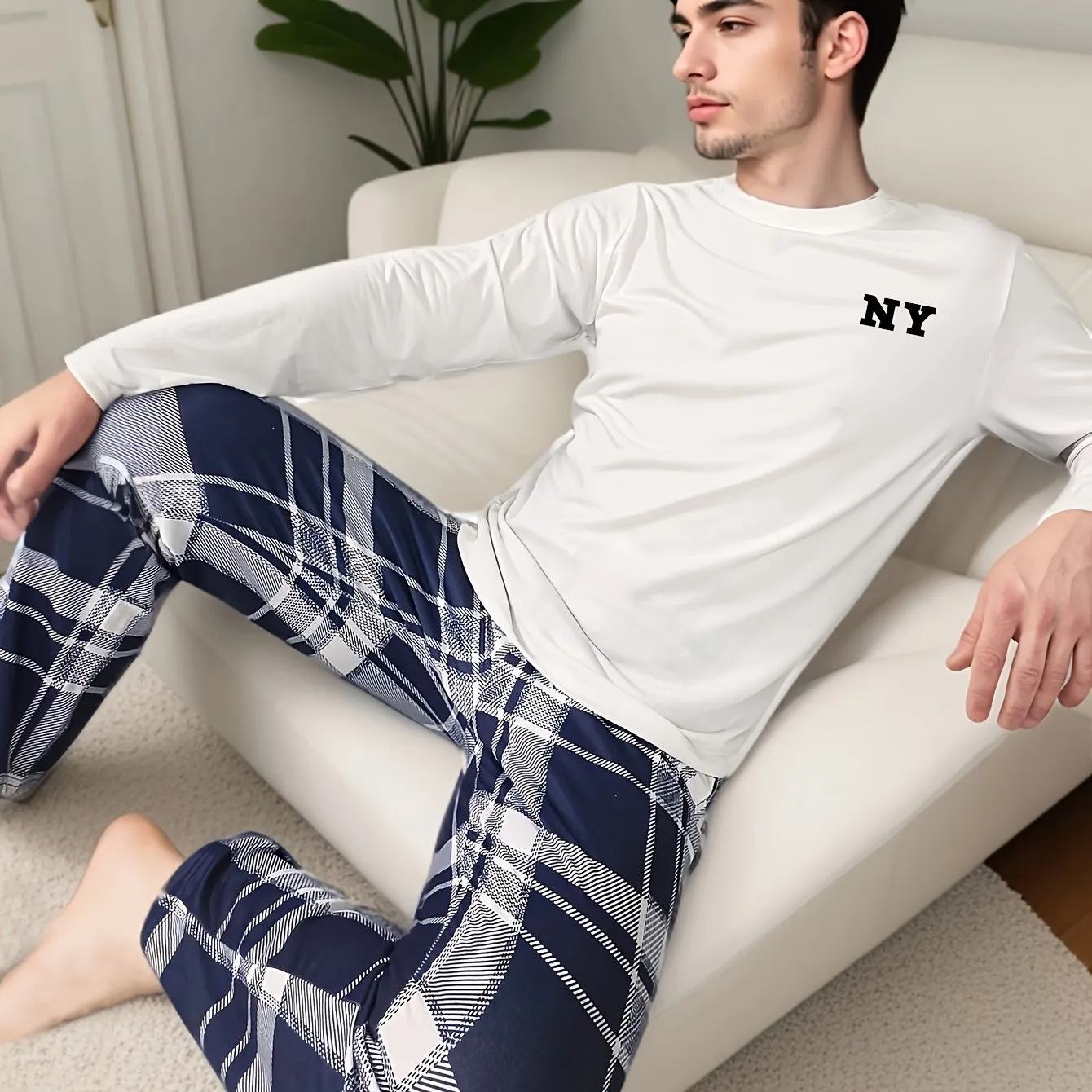 2pcs/set Men's NY Print Pajamas Set, Long Sleeve Round Neck T-shirt & Trousers, Comfortable Skin-friendly Set