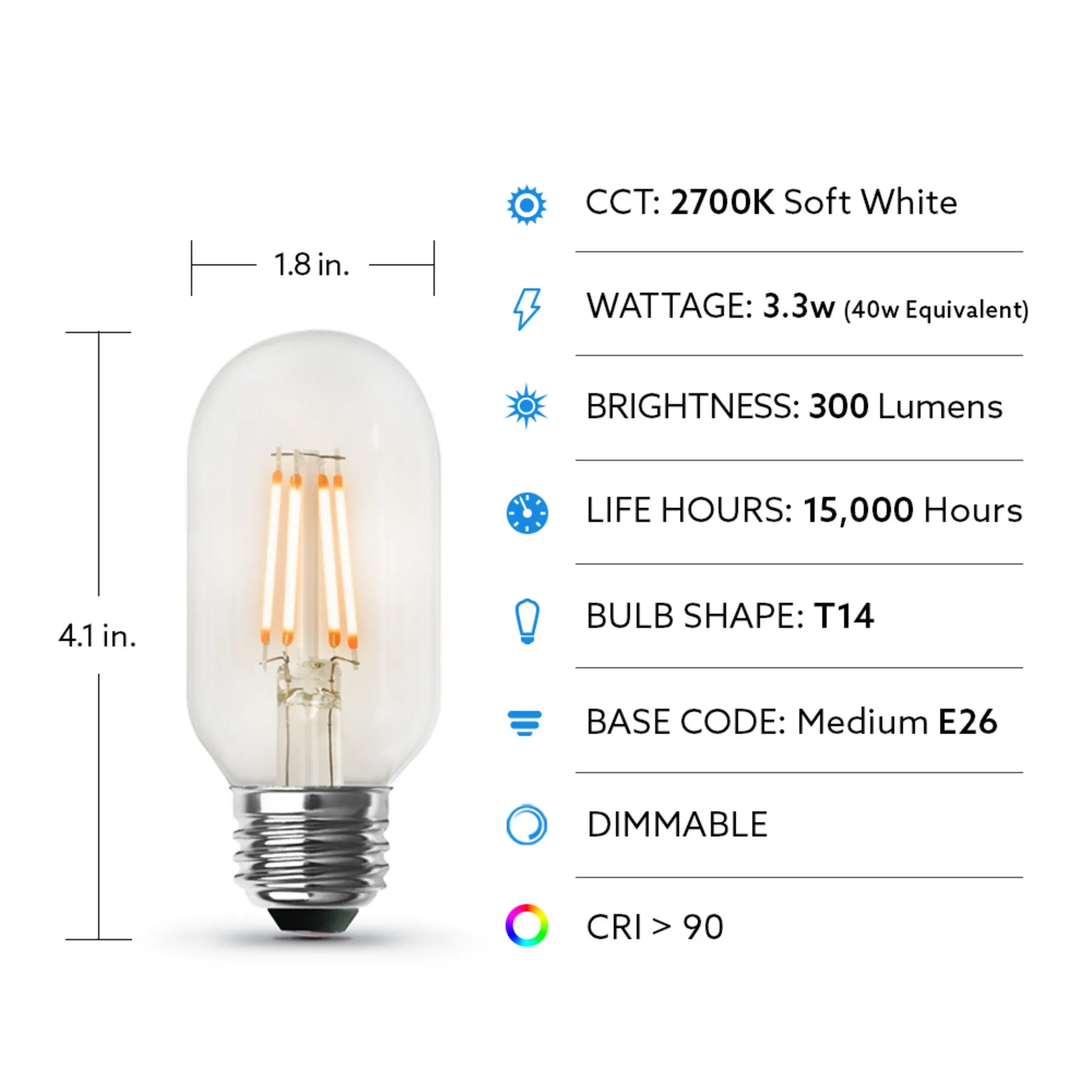 3.3W (40W Replacement) Soft White (2700K) E26 Base T14 Filament LED (4-Pack)