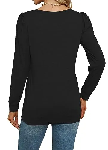 Blouses for Women Long Sleeve Crew Neck Shirts Puff Sleeve Fall Tops Black