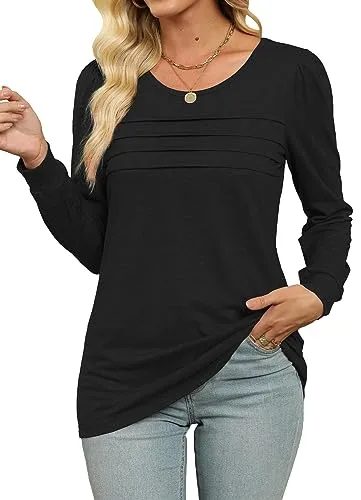 Blouses for Women Long Sleeve Crew Neck Shirts Puff Sleeve Fall Tops Black