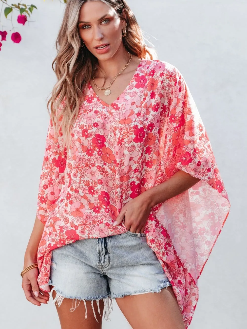 Bohemian Pink Floral Kimono Sleeve Blouse