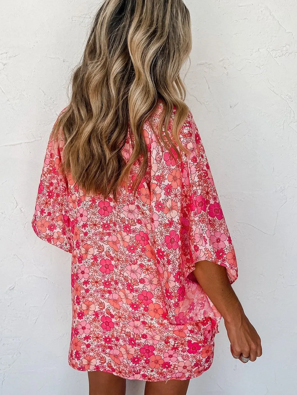 Bohemian Pink Floral Kimono Sleeve Blouse