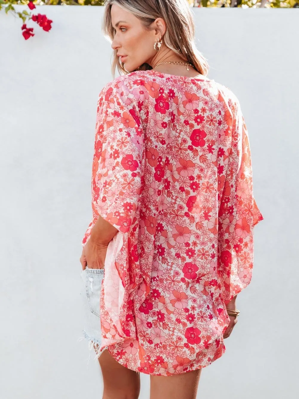 Bohemian Pink Floral Kimono Sleeve Blouse