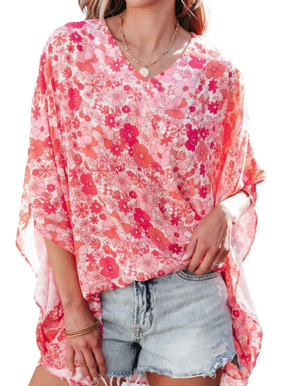 Bohemian Pink Floral Kimono Sleeve Blouse