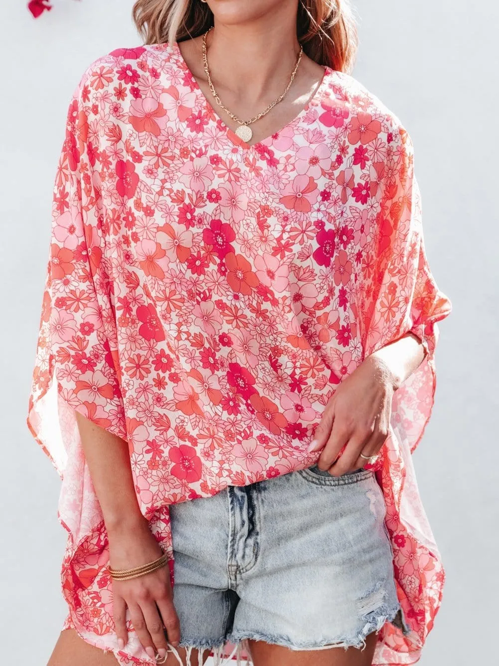 Bohemian Pink Floral Kimono Sleeve Blouse