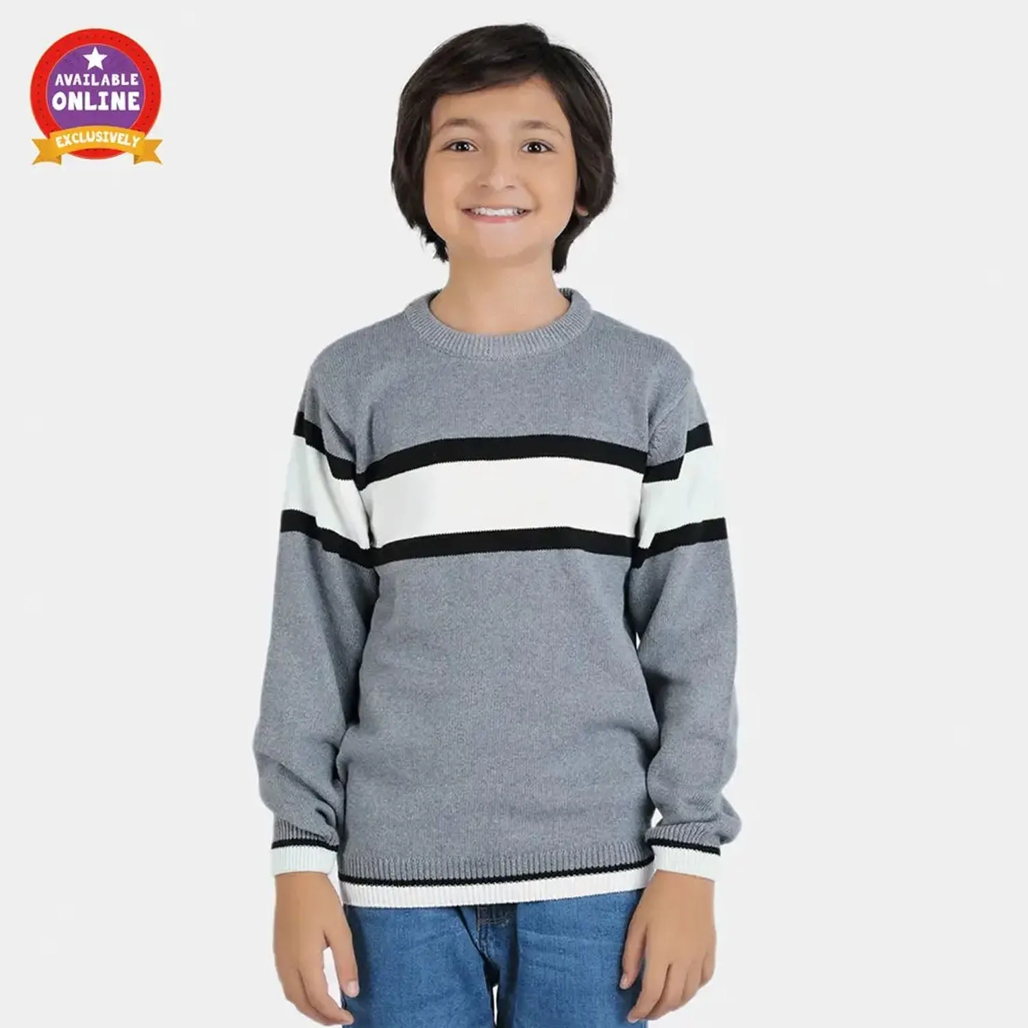 Boys Acrylic Full Sleeves Sweater Striper-Grey/White