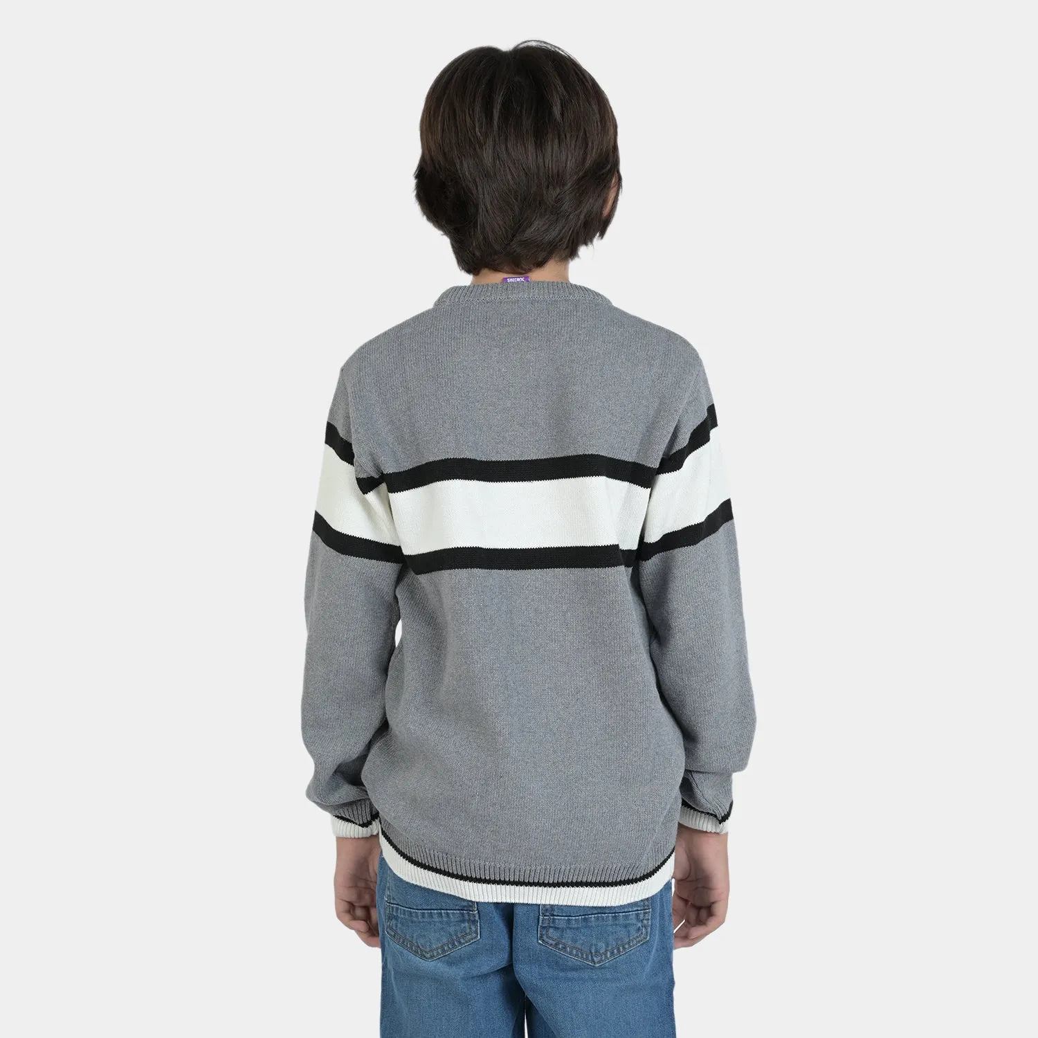 Boys Acrylic Full Sleeves Sweater Striper-Grey/White