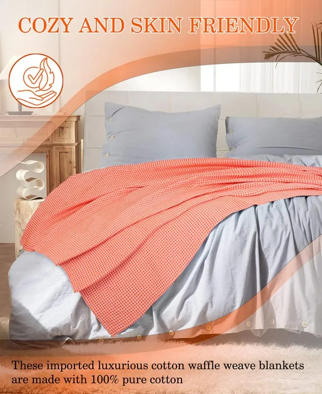 BSB HOME 100% Cotton Waflle Blanket Breathable, Soft Touch & Skin Friendly All Season for Bed & Sofa Indoor and Outdoor Double Bed Blanket | Dohar (Colour-Orange, 230 x 228 Cm)