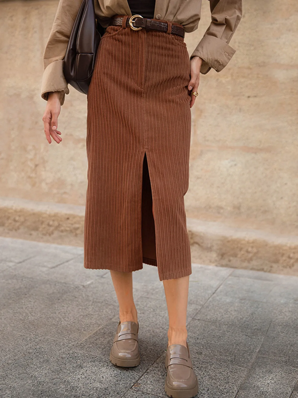 Caramel Corduroy Graceful Slit Midi Skirt