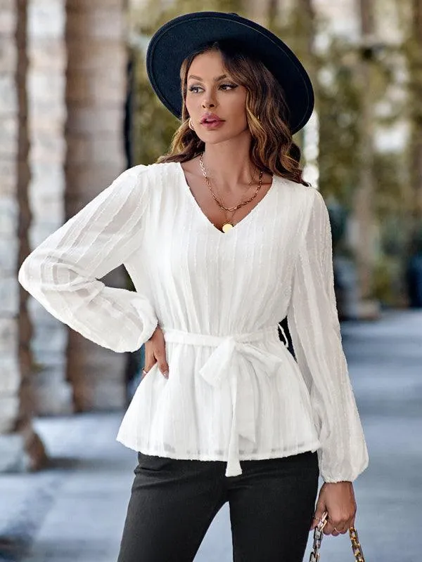 Chic V-neck Tie-Waist Blouse - Essential Slim Fit Elegance