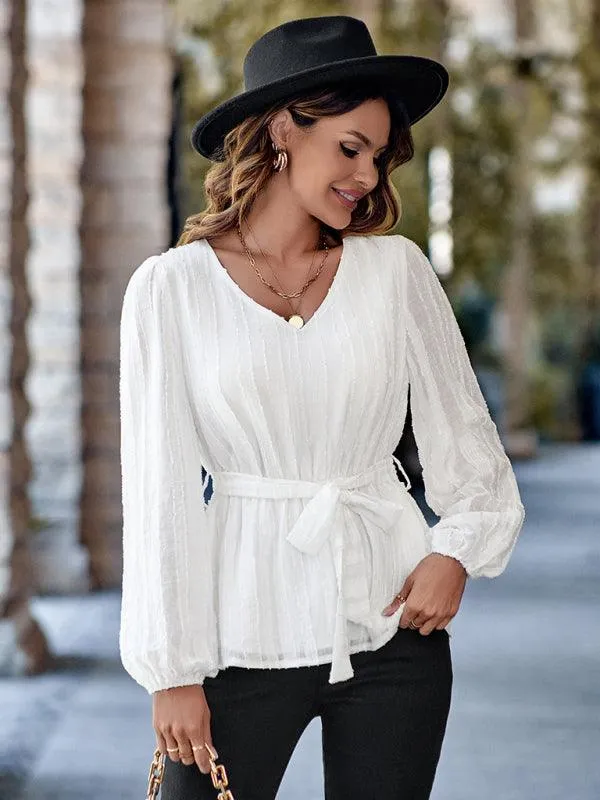 Chic V-neck Tie-Waist Blouse - Essential Slim Fit Elegance