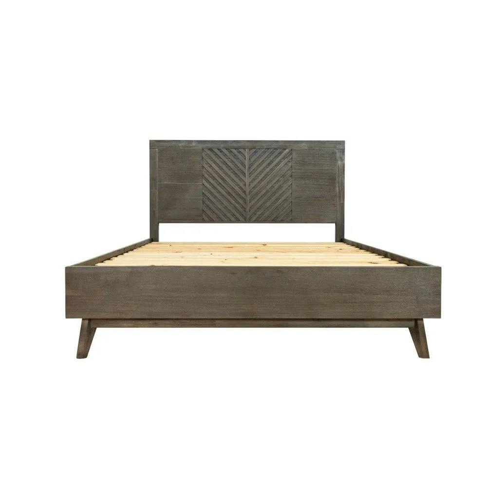 Cid Leno Queen Size Platform Bed, Chevron, Dark Brown Solid Acacia Wood By Casagear Home