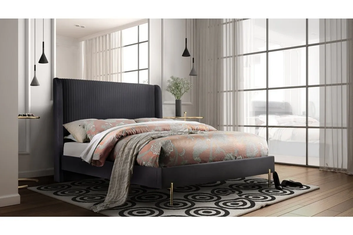 Dark Grey Velvet Upholstered Platform Bed - King Size