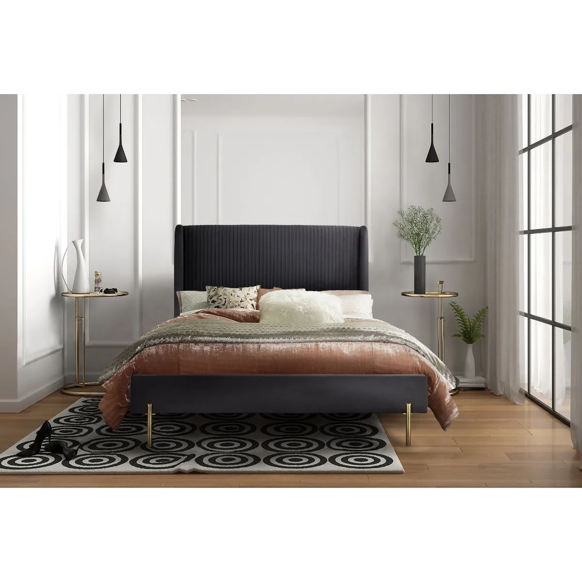 Dark Grey Velvet Upholstered Platform Bed - King Size