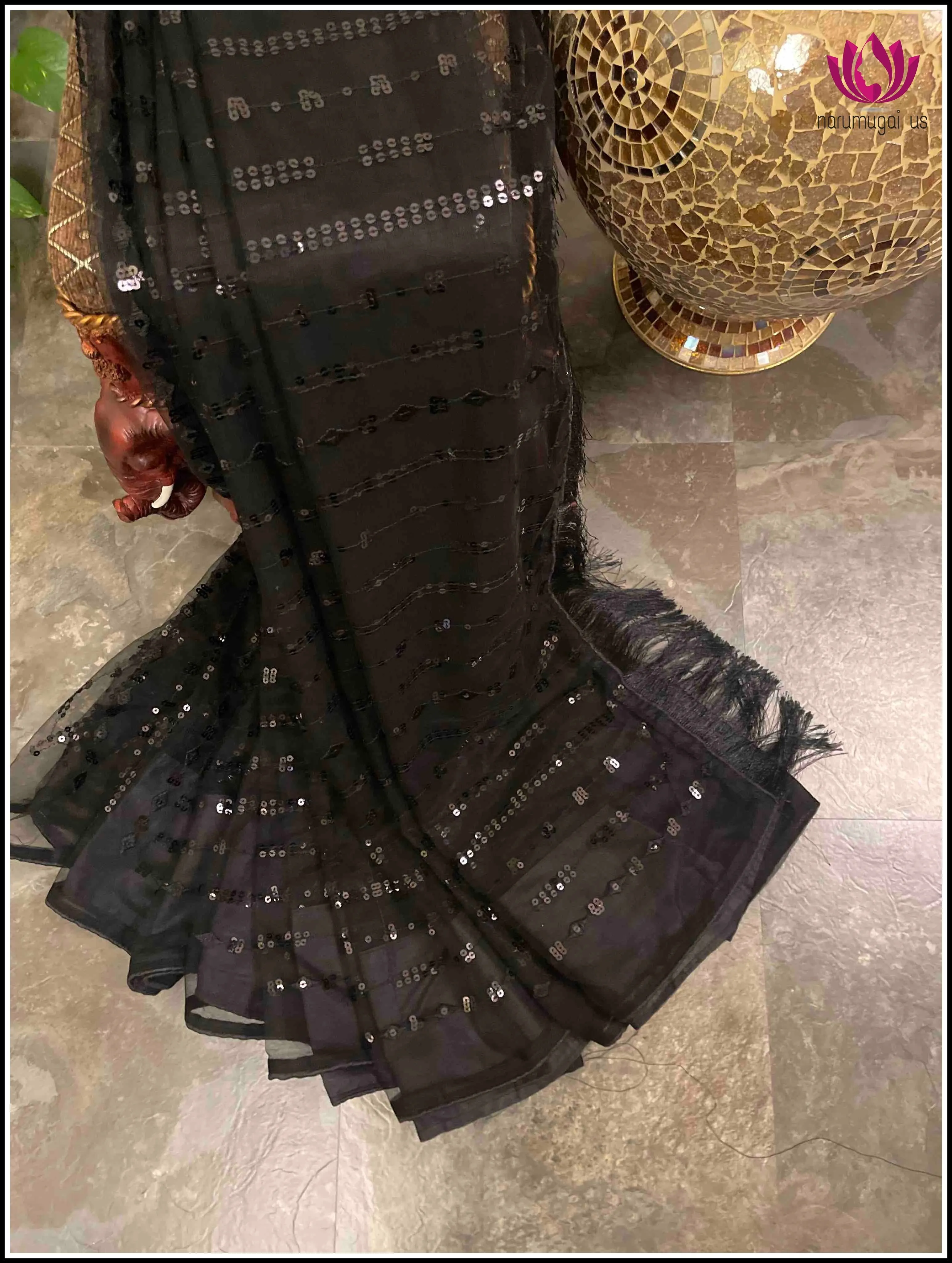 Designer net saree in Black with Black sequins