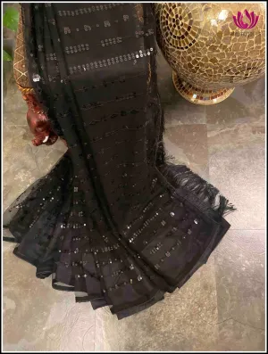 Designer net saree in Black with Black sequins