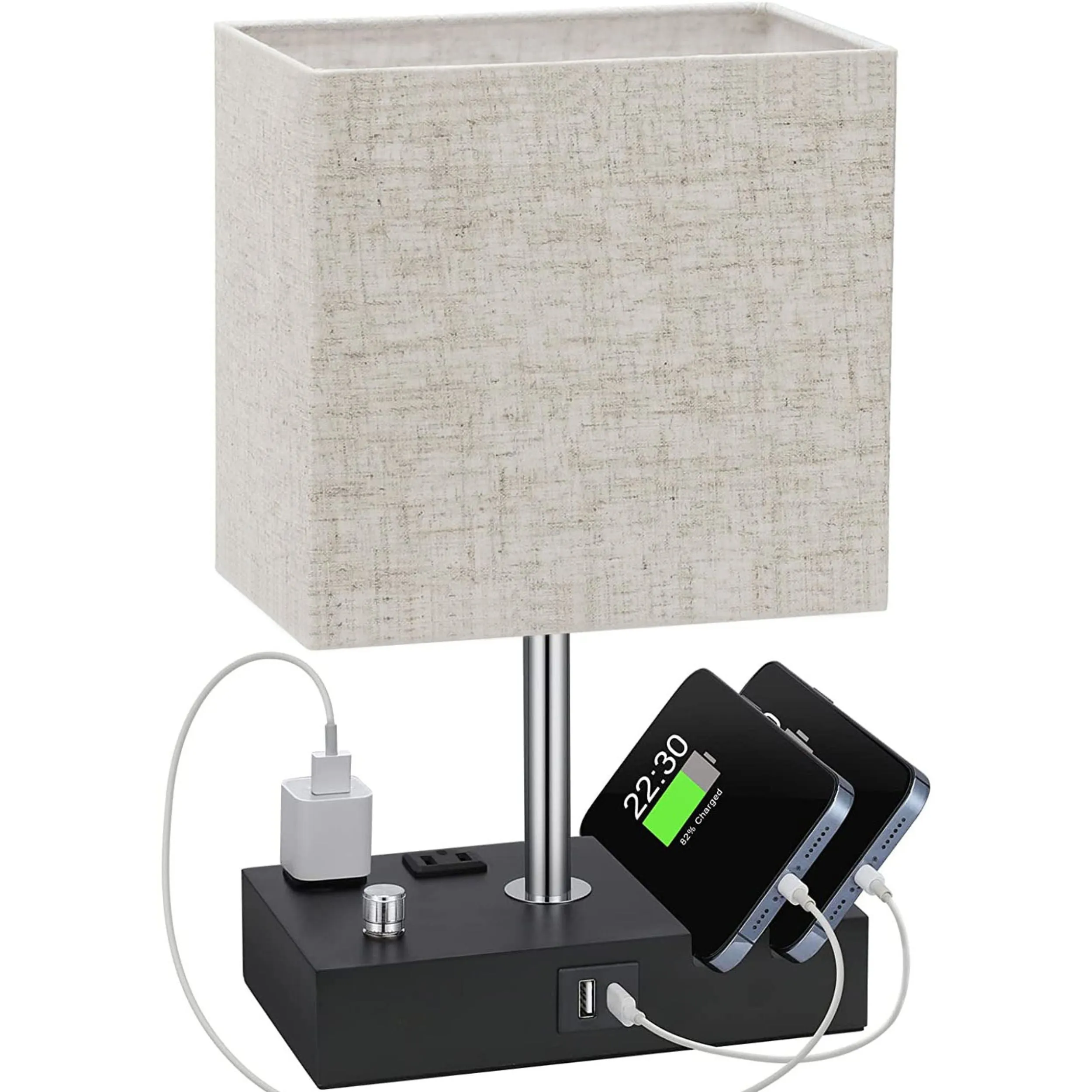 Dimmable Table Lamp with USB Ports & Power Outlets - Ideal for Bedroom & Living Room - LED Bulb Included