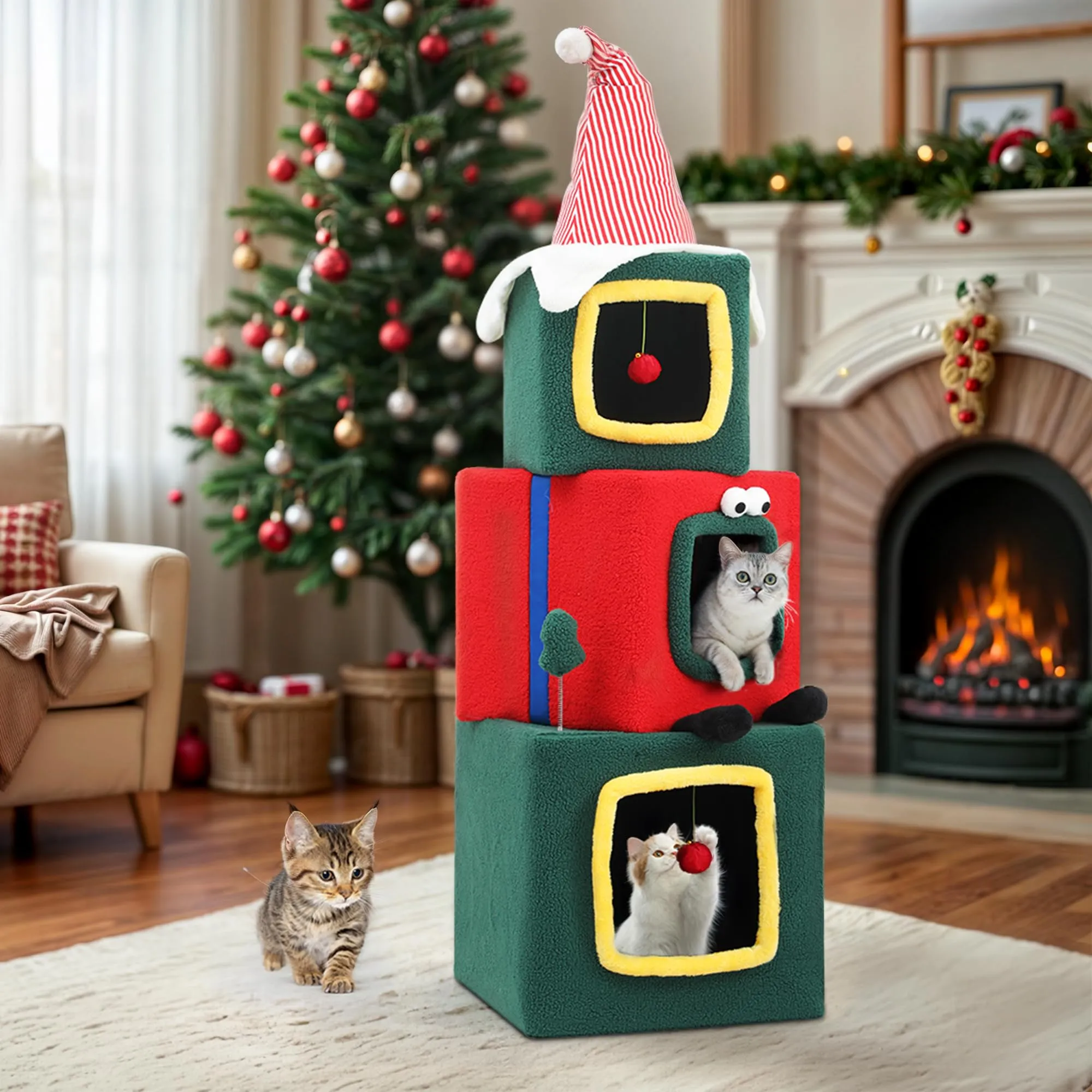 DWVO 60" Christmas Cat Tree with 3-Storey Cat House, Cute Modern Cat Condo with Plush Ball, Cat Furniture with Cat Teaser Toy for Christmas Decoration