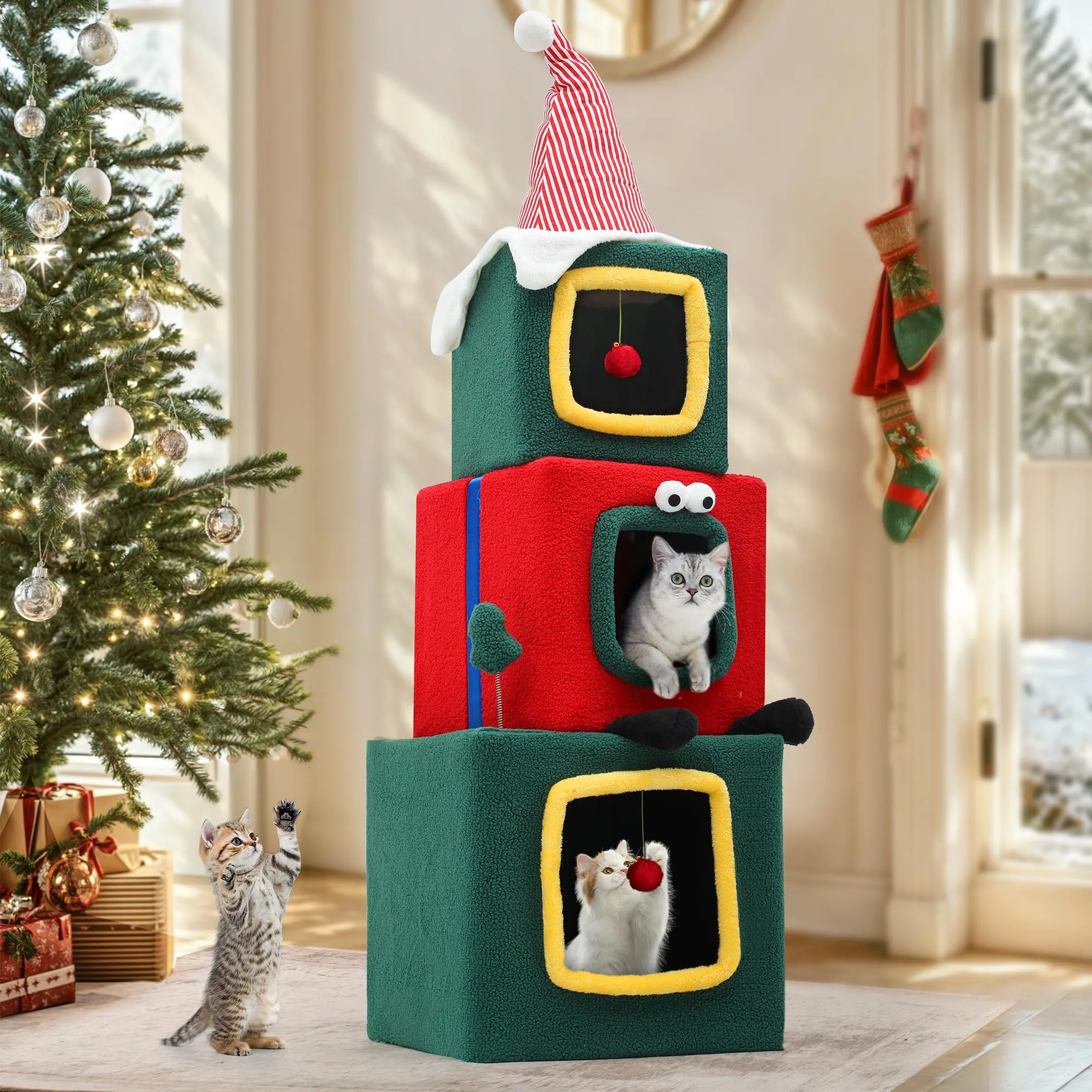 DWVO 60" Christmas Cat Tree with 3-Storey Cat House, Cute Modern Cat Condo with Plush Ball, Cat Furniture with Cat Teaser Toy for Christmas Decoration