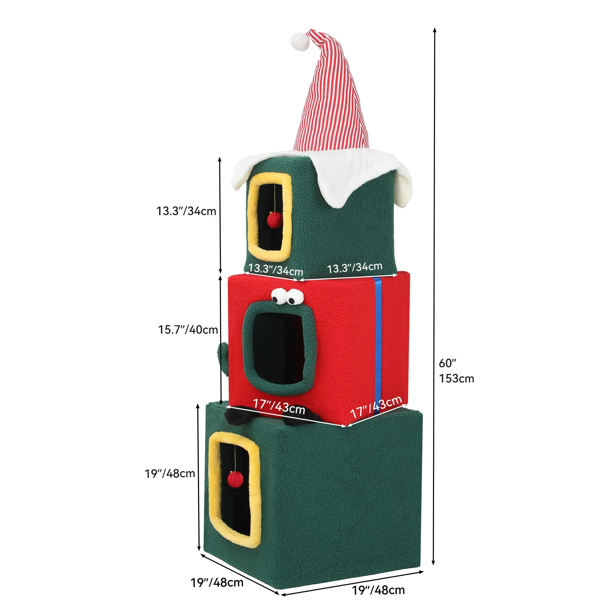 DWVO 60" Christmas Cat Tree with 3-Storey Cat House, Cute Modern Cat Condo with Plush Ball, Cat Furniture with Cat Teaser Toy for Christmas Decoration