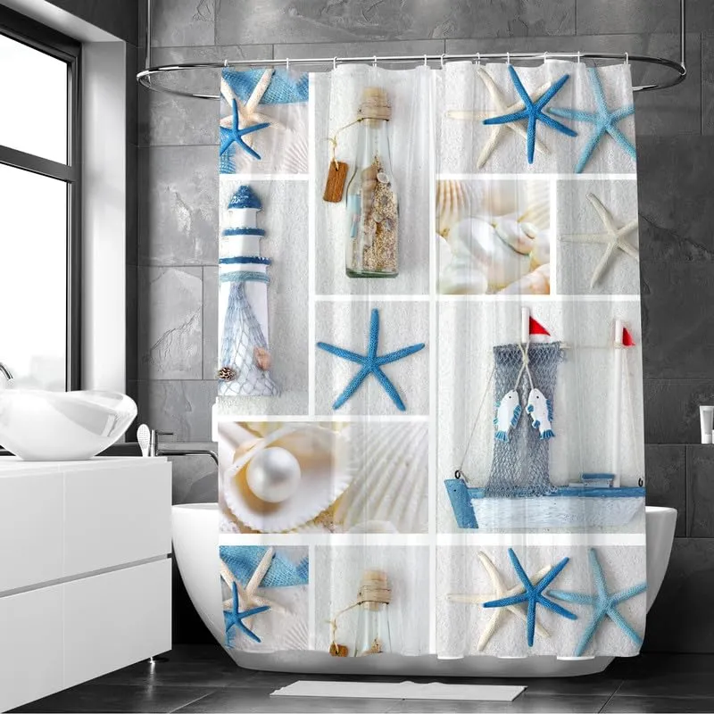 Encasa Shower Curtain & Bathmat 3 Pcs Set| Curtain 180x180 cm, Mats 45x75 cm, 45x37.5 cm| Creative Vibrant Coloured Polyster Curtain Sets with Non-Slip Bath mats for Bathroom| Nautical Blue