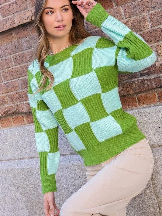 Eye-Catching Ribbed Checkerboard Long Sleeve Sweater