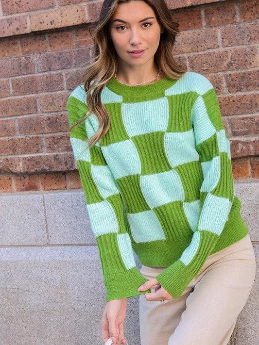 Eye-Catching Ribbed Checkerboard Long Sleeve Sweater