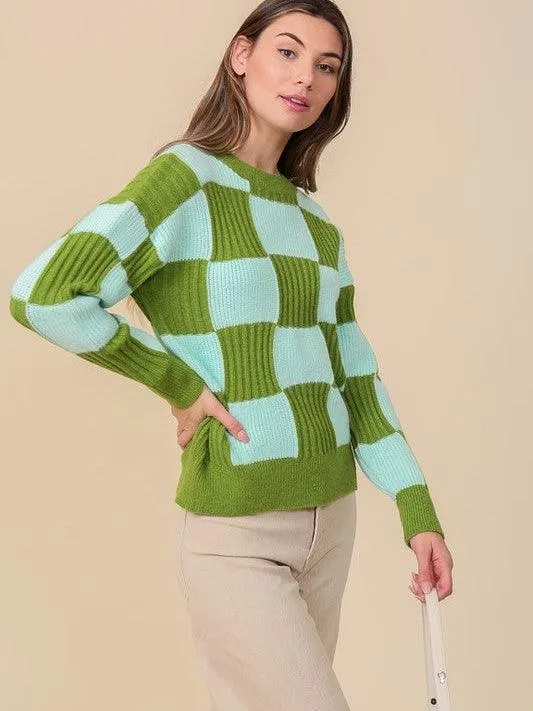 Eye-Catching Ribbed Checkerboard Long Sleeve Sweater