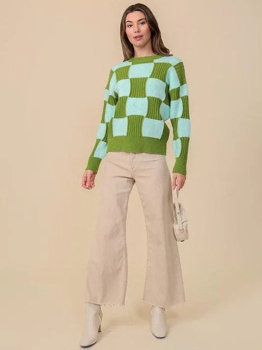 Eye-Catching Ribbed Checkerboard Long Sleeve Sweater