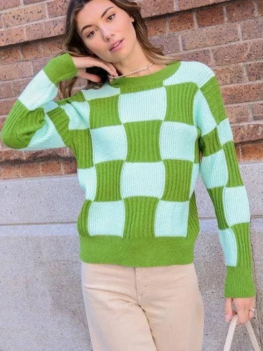 Eye-Catching Ribbed Checkerboard Long Sleeve Sweater