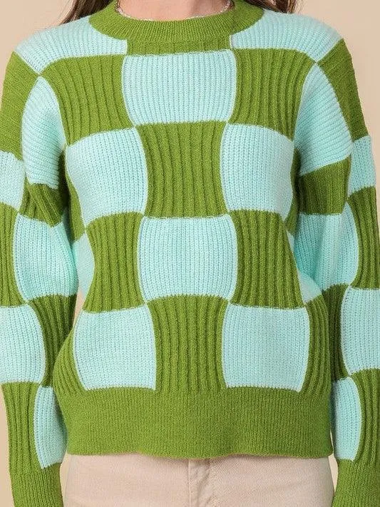 Eye-Catching Ribbed Checkerboard Long Sleeve Sweater