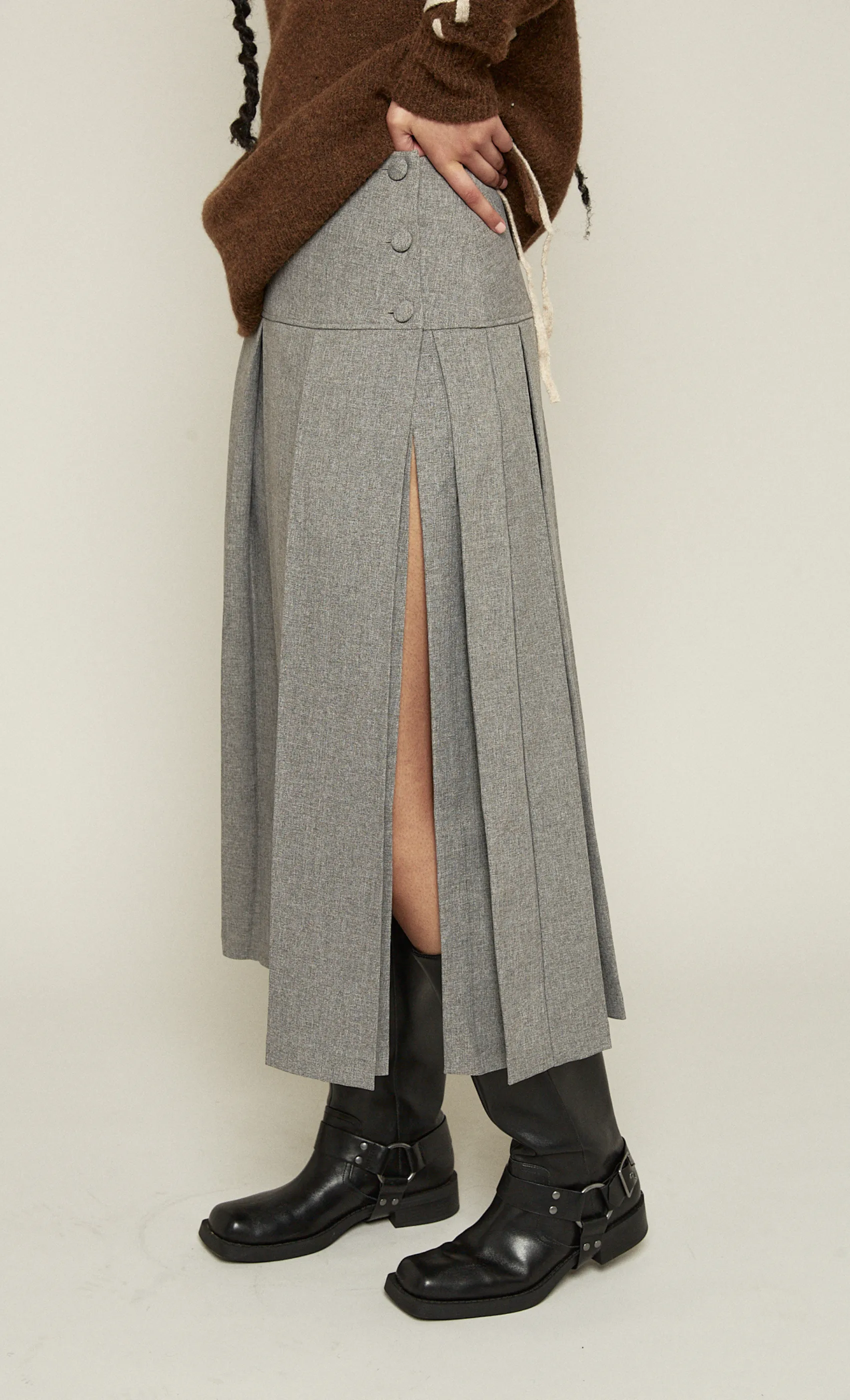 Grey Pleated Split Midi Skirt