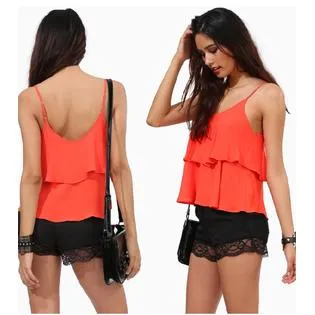 Ketty More Women Ruffled Styled Tremendous Solid  Straped Shoulder Pullover Summer Casual Blouse-KMWSB752