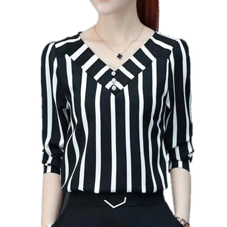 Korean Trendy Striped Loose Slim-Look Women Tops Summer Blouse