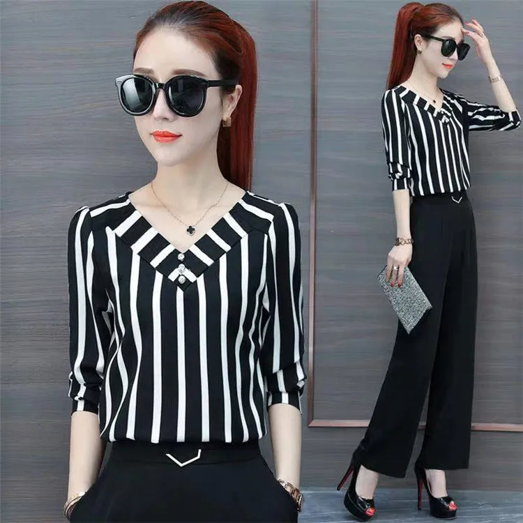 Korean Trendy Striped Loose Slim-Look Women Tops Summer Blouse