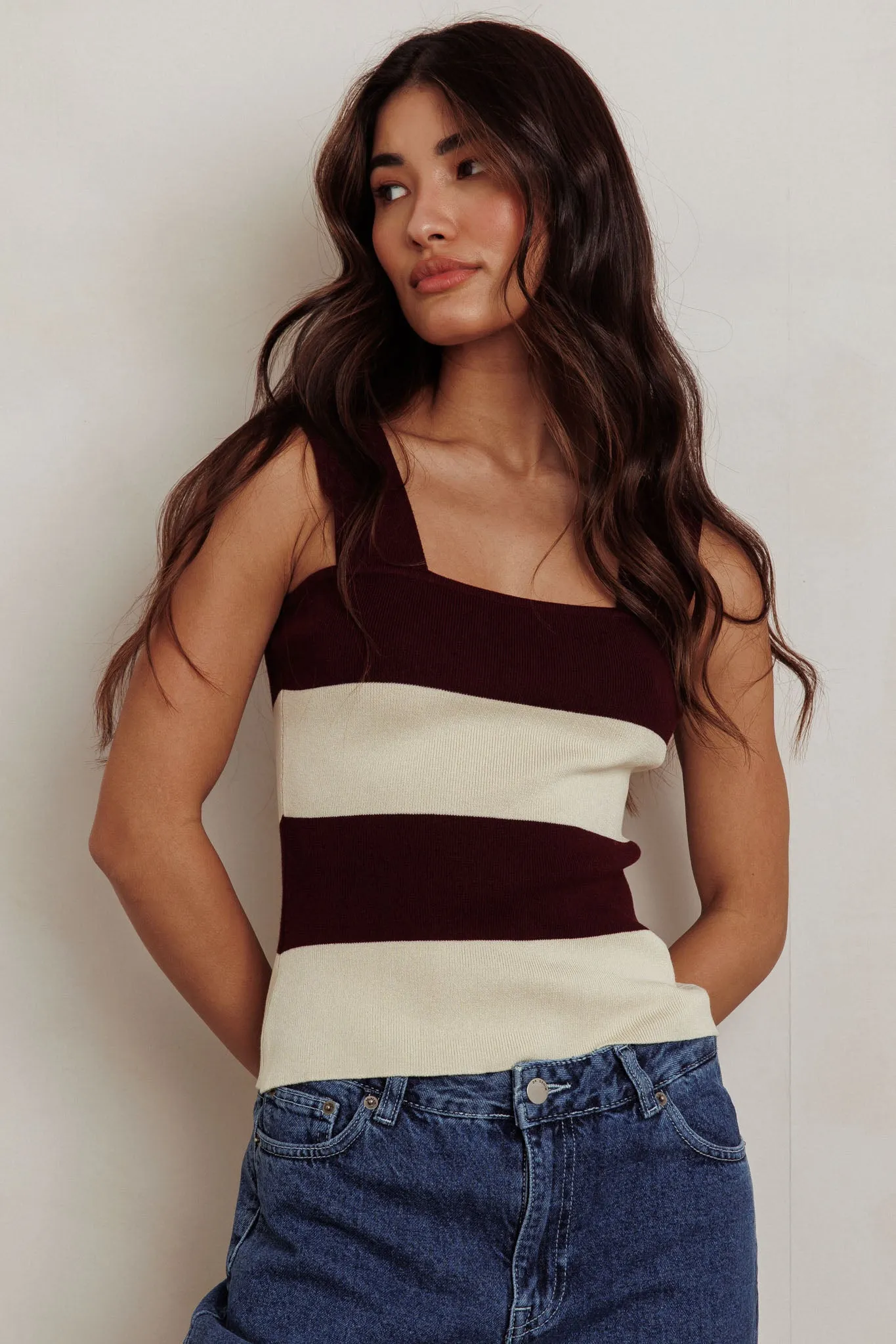 Lisa Striped Knit Tank Top Red Bean