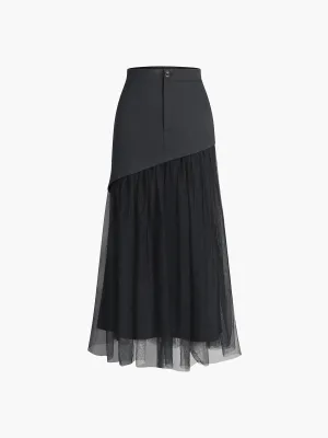 Patchwork Button Graceful Mesh Midi Skirt