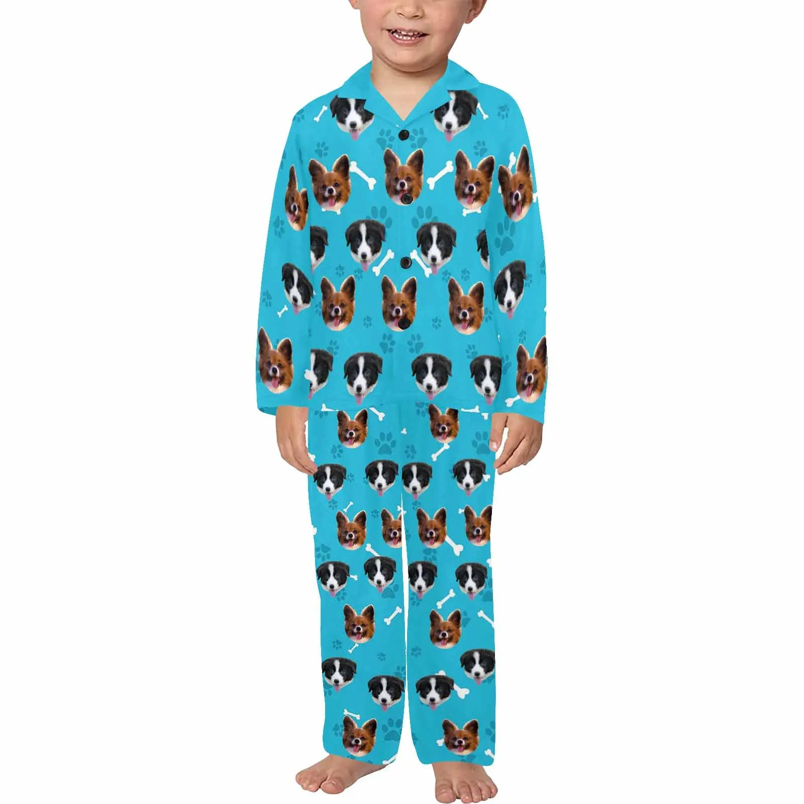 Personalized Kid's Long Sleeve Buttons Pajamas Set for 2-15Y Custom Pet Face Nightwear for Boys&Girls