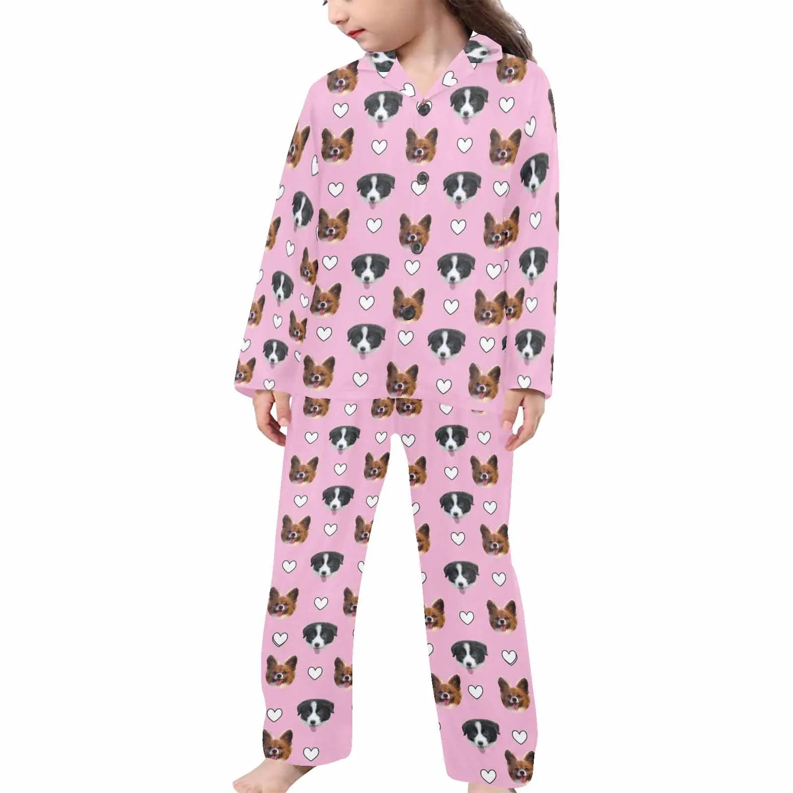 Personalized Kid's Long Sleeve Buttons Pajamas Set for 2-15Y Custom Pet Face Nightwear for Boys&Girls