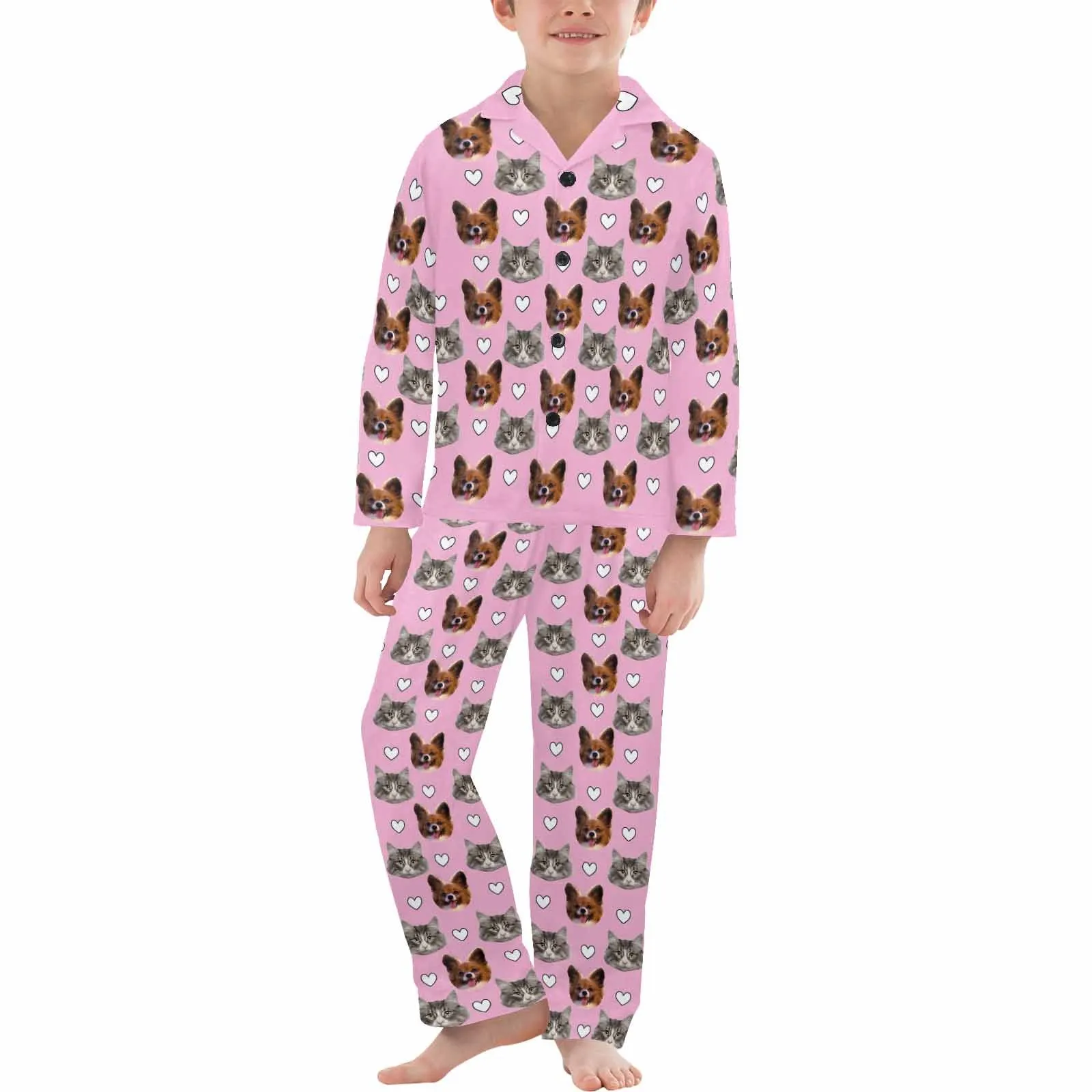 Personalized Kid's Long Sleeve Buttons Pajamas Set for 2-15Y Custom Pet Face Nightwear for Boys&Girls