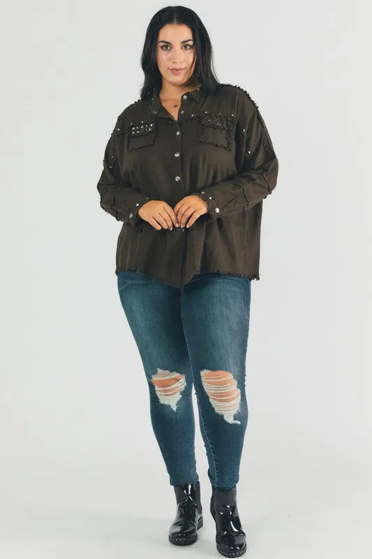 Plus Distressed hem button down oversize shirt