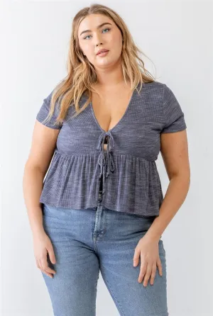 Plus Size Flare Hem Tie Denim Blue Blouse