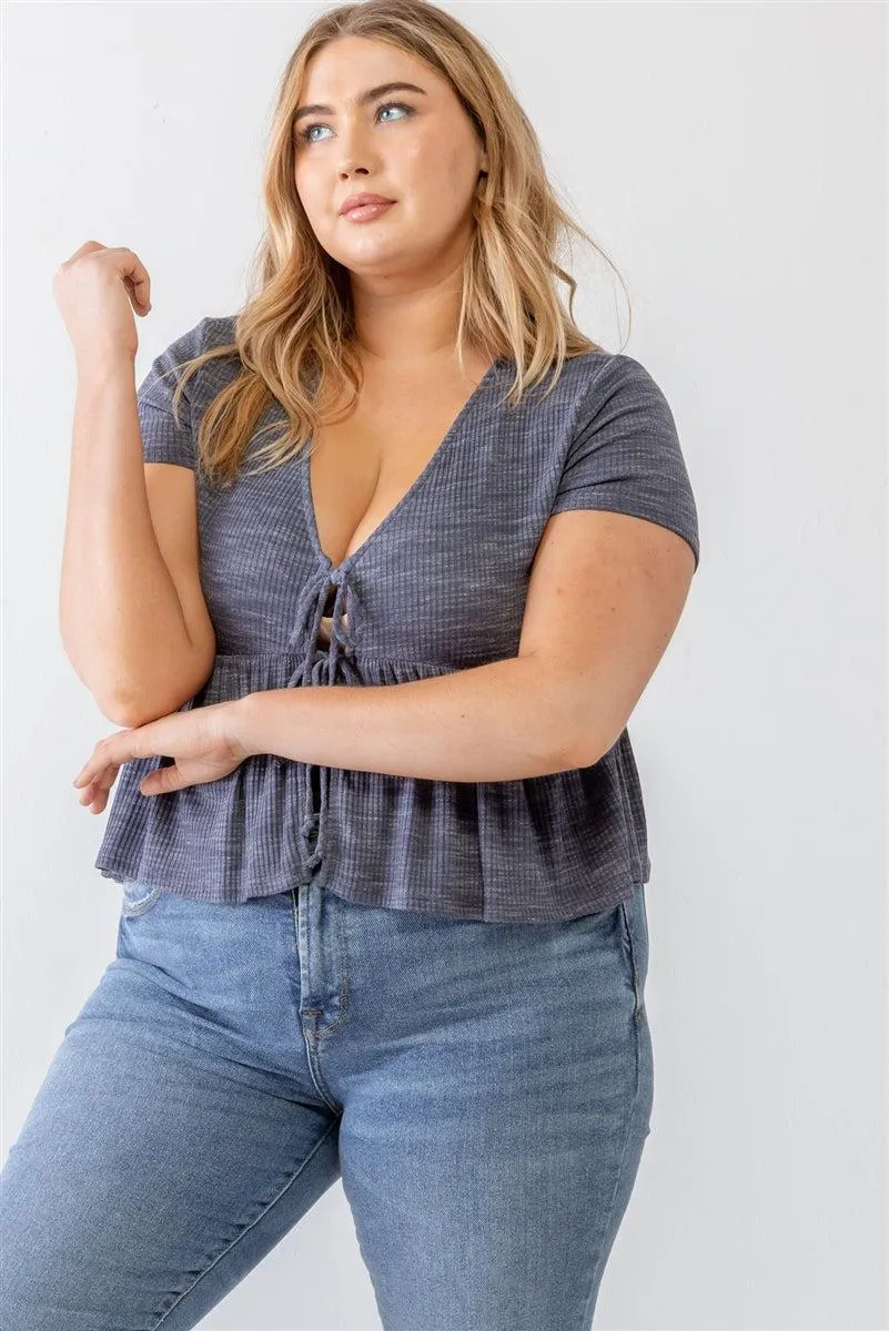 Plus Size Flare Hem Tie Denim Blue Blouse