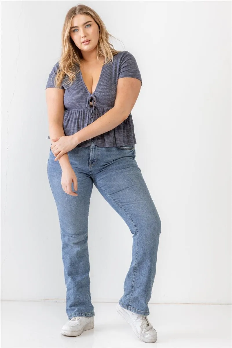 Plus Size Flare Hem Tie Denim Blue Blouse