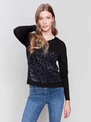 Printed V-Neck Knit Top - Black